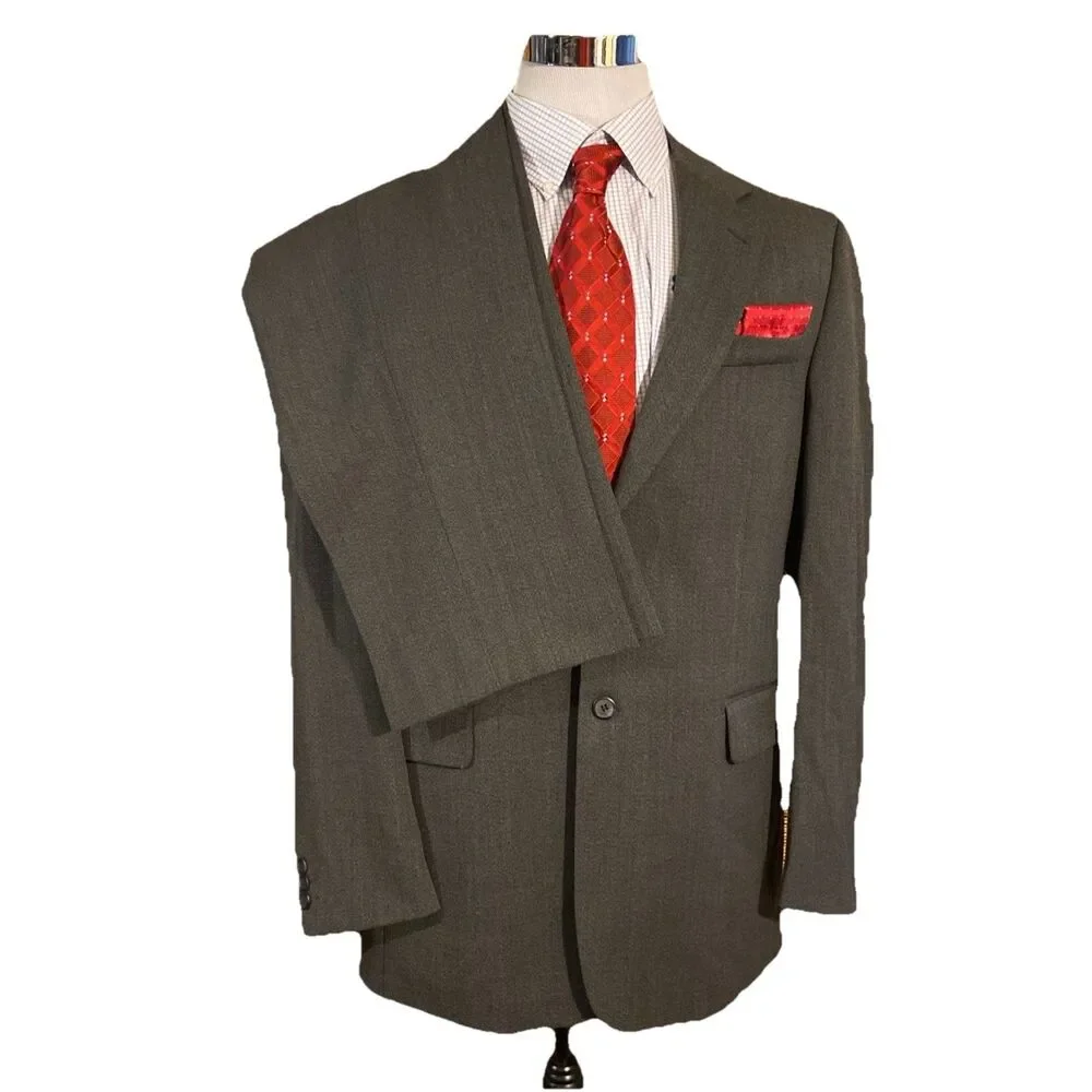 Luxury 2PC Suit Men’s 44 Wool Blend Gray Business Wedding Formal Jacket & Pants